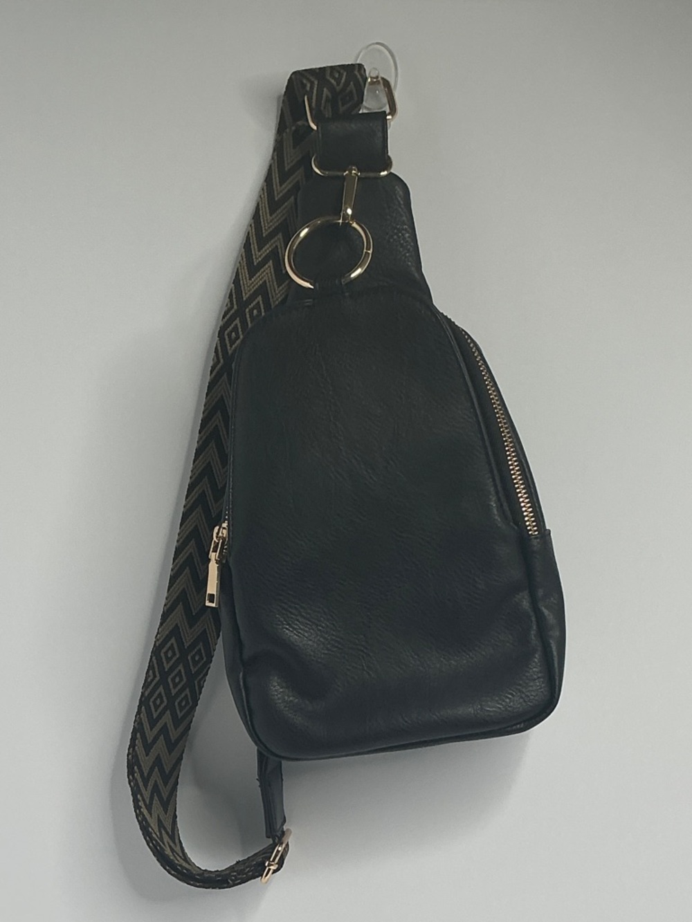 Moda Luxe Black Crossbody Sling Bag with Patterned Strap